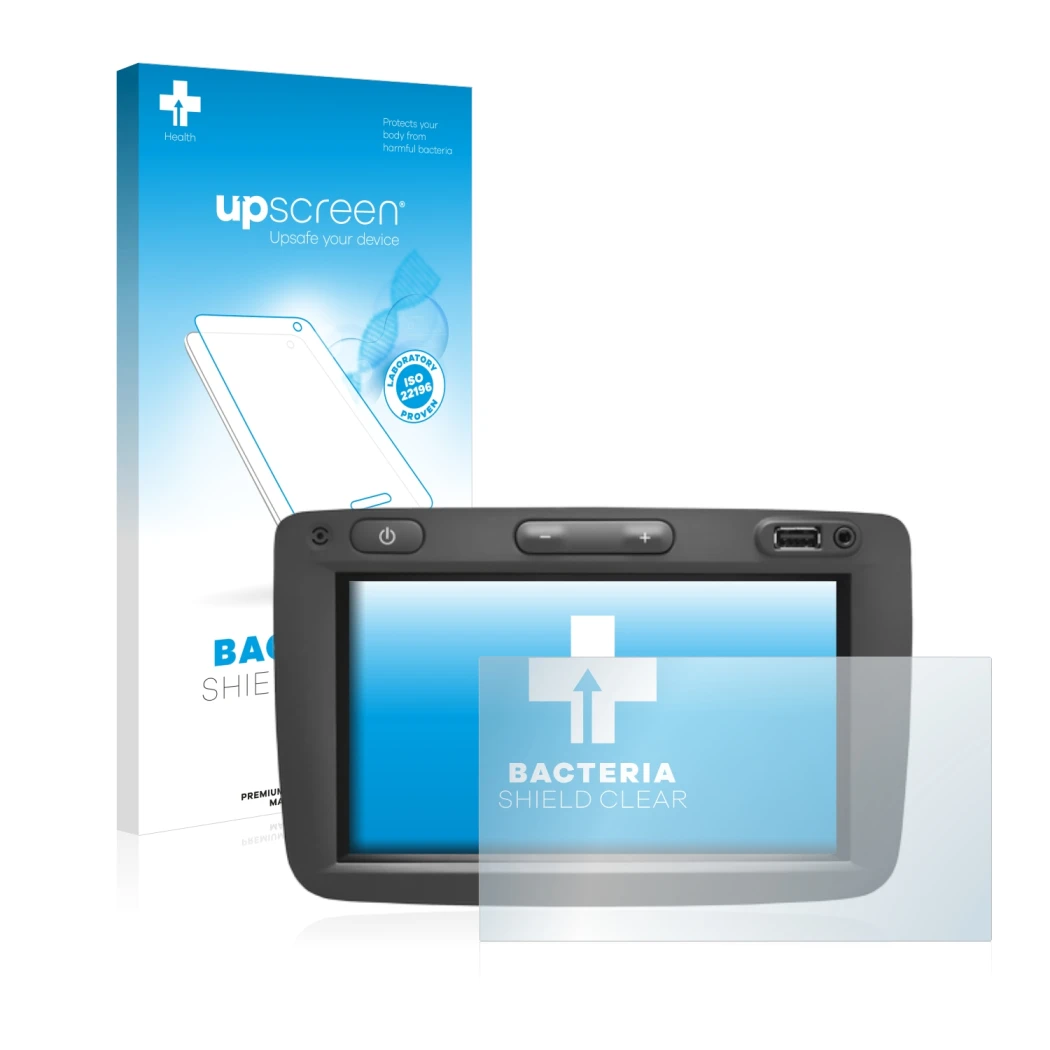Face avant d’un emballage produit avec le logo de la marque upscreen. À côté, l’appareil Dacia Media Nav est représenté avec l