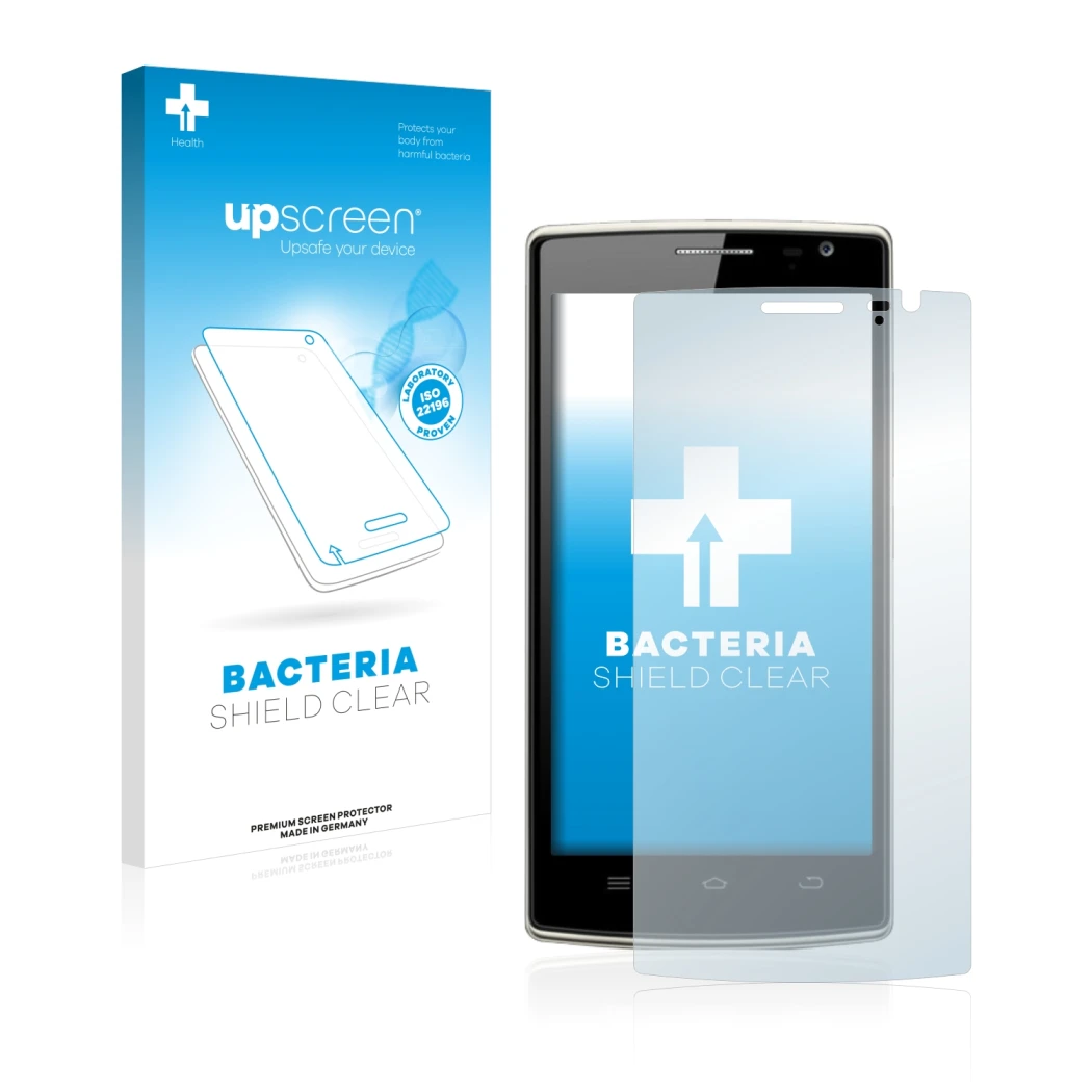 Face avant d’un emballage produit avec le logo de la marque upscreen. À côté, l’appareil THL 5000T est représenté avec la prot
