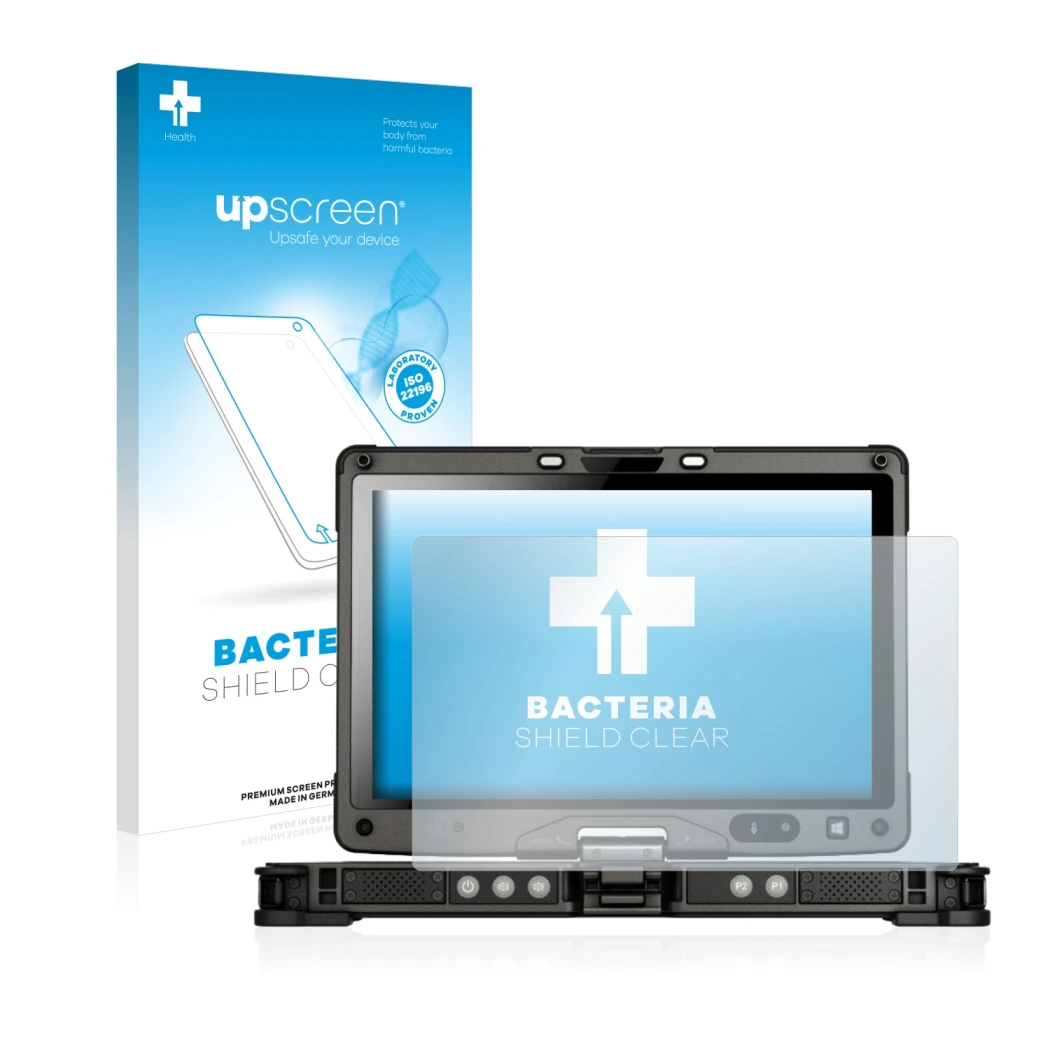 Face avant d’un emballage produit avec le logo de la marque upscreen. À côté, l’appareil Getac V110 est représenté avec la pro