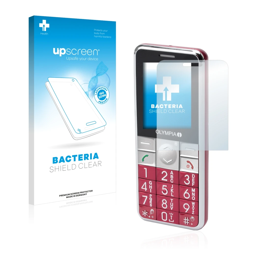 Face avant d’un emballage produit avec le logo de la marque upscreen. À côté, l’appareil Olympia Viva Plus est représenté avec