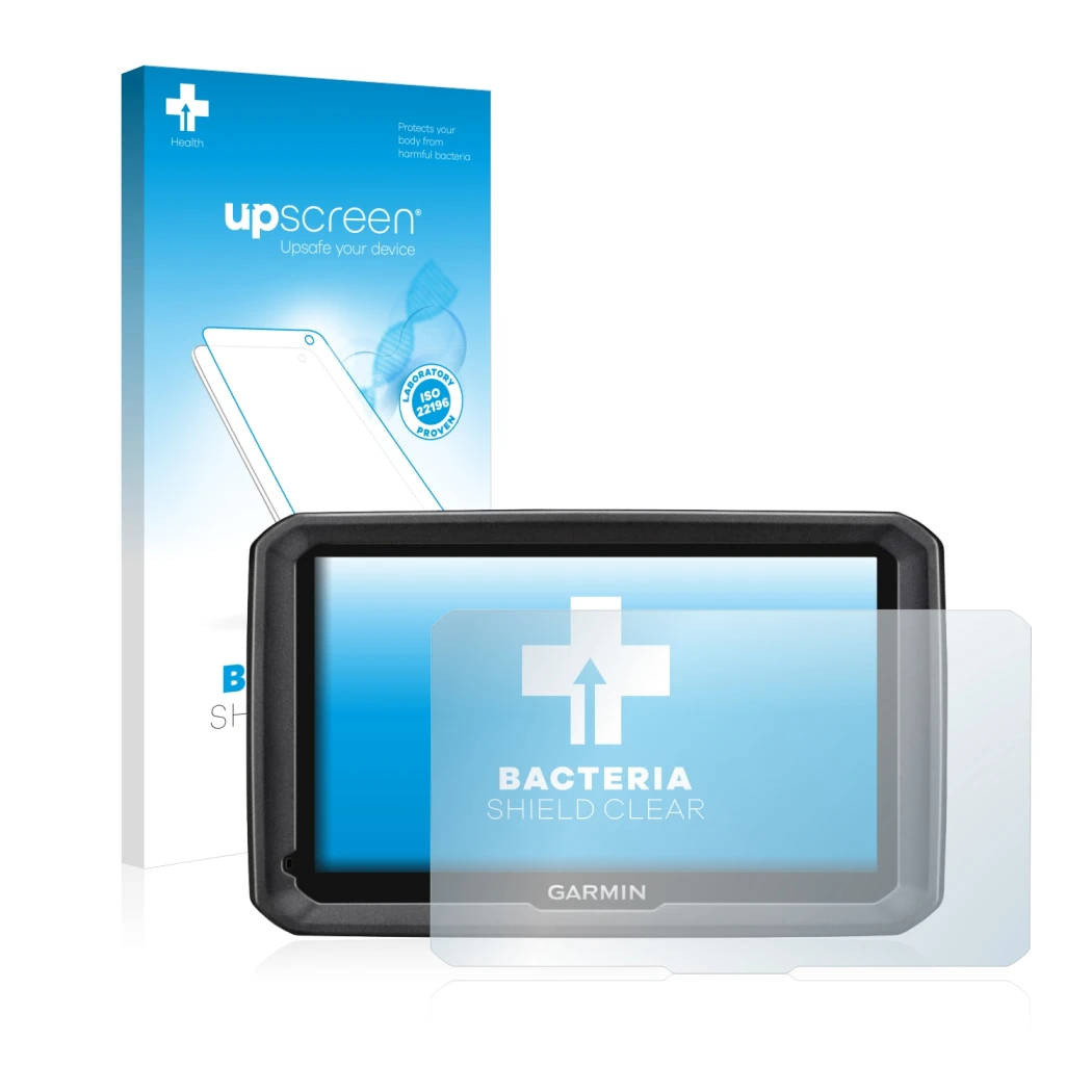 Face avant d’un emballage produit avec le logo de la marque upscreen. À côté, l’appareil Garmin dezl 770 LMT-D est représenté 