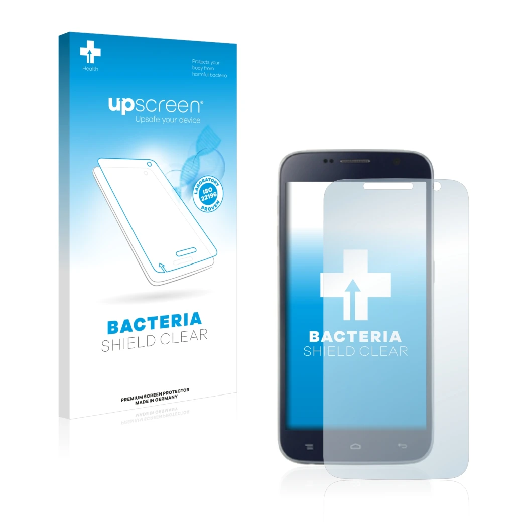 Face avant d’un emballage produit avec le logo de la marque upscreen. À côté, l’appareil Landvo L8 est représenté avec la prot