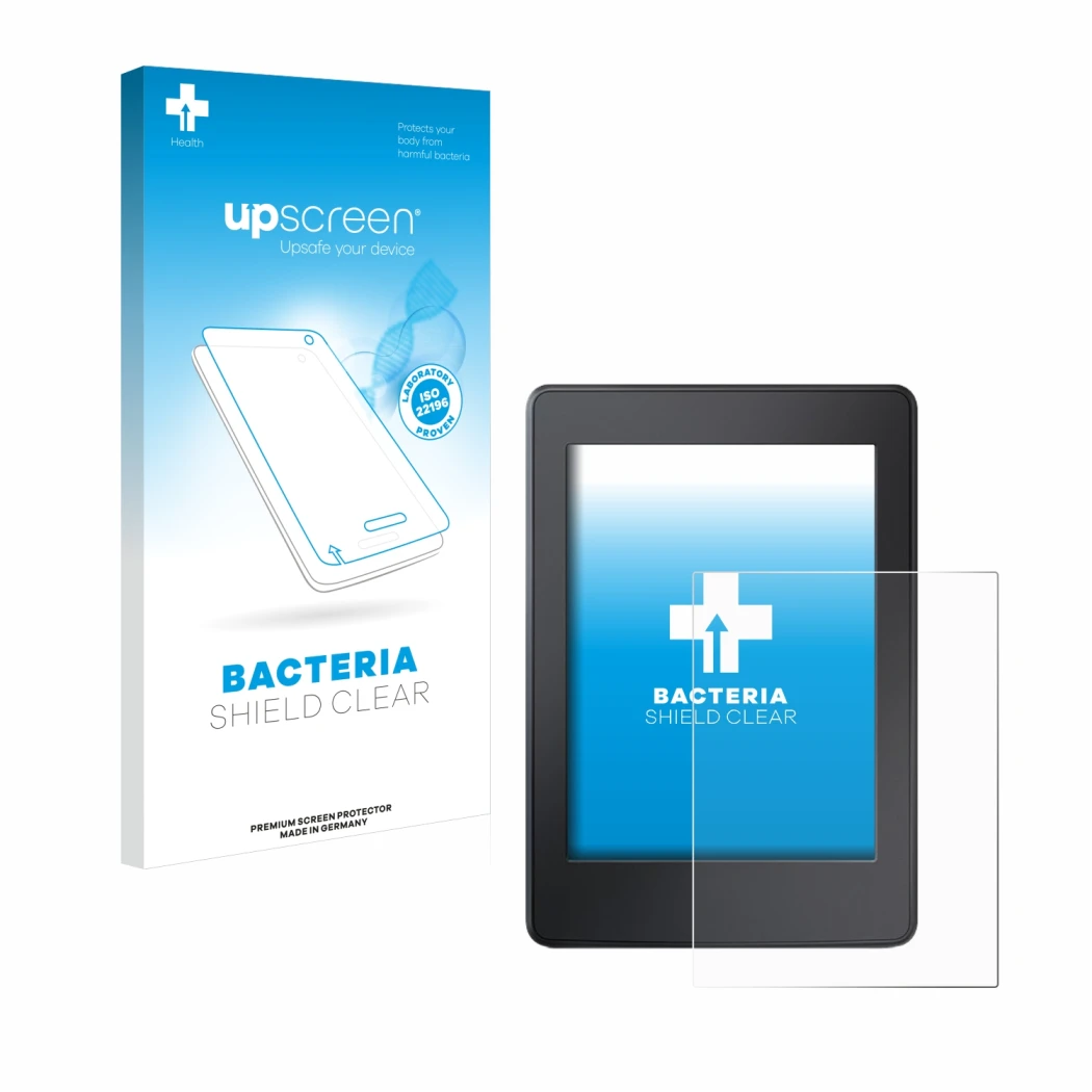 Face avant d’un emballage produit avec le logo de la marque upscreen. À côté, l’appareil Amazon Kindle Paperwhite 2015 (7ème G