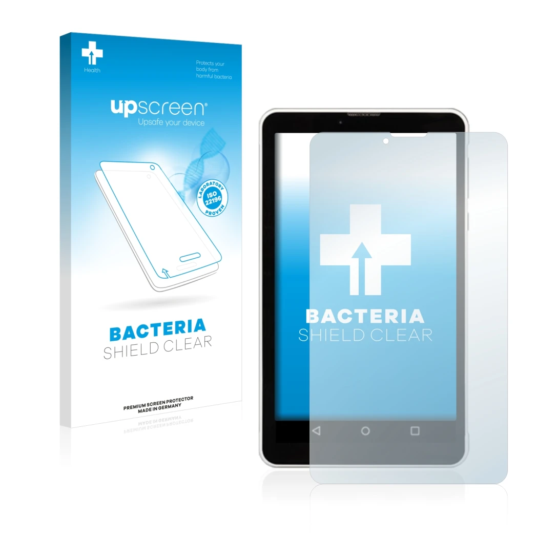 Face avant d’un emballage produit avec le logo de la marque upscreen. À côté, l’appareil Chuwi Vi7 est représenté avec la prot