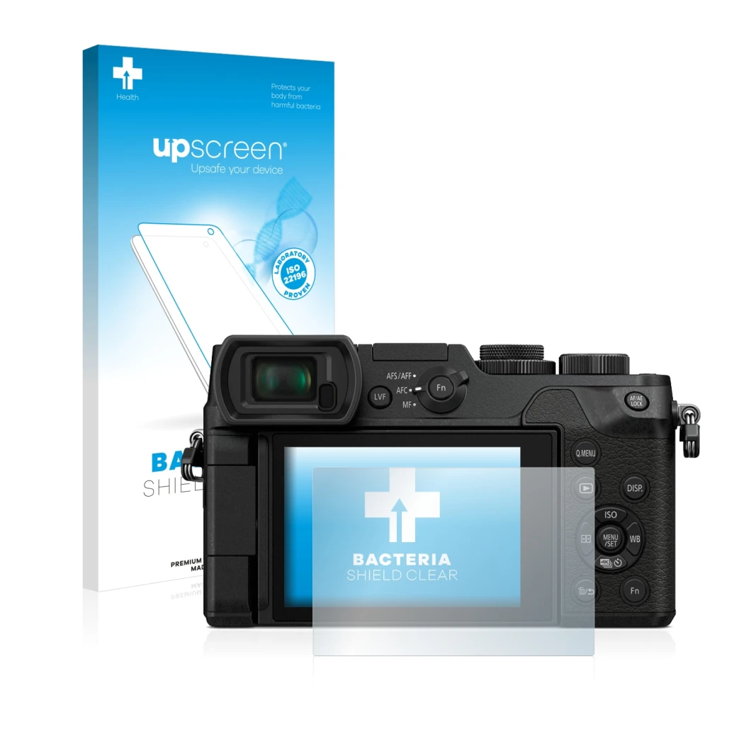 Face avant d’un emballage produit avec le logo de la marque upscreen. À côté, l’appareil Panasonic Lumix DMC-GX8 est représent