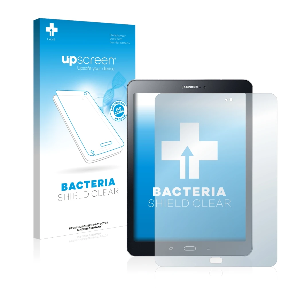 Face avant d’un emballage produit avec le logo de la marque upscreen. À côté, l’appareil Samsung Galaxy Tab S2 9.7 est représe