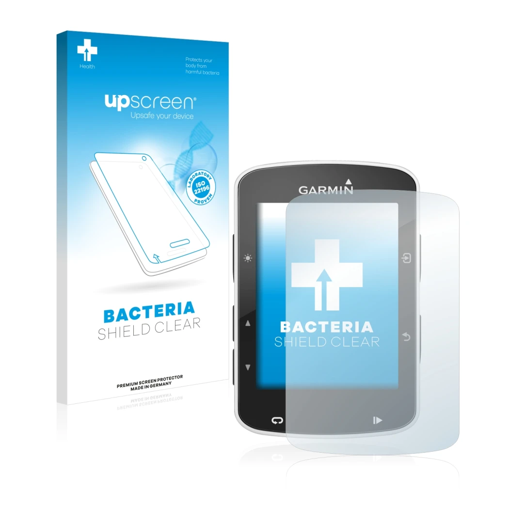 Face avant d’un emballage produit avec le logo de la marque upscreen. À côté, l’appareil Garmin Edge 520 est représenté avec l