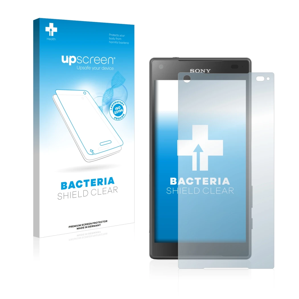 Face avant d’un emballage produit avec le logo de la marque upscreen. À côté, l’appareil Sony Xperia Z5 Compact est représenté