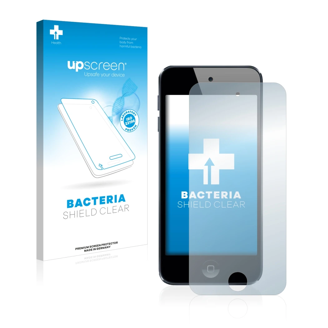 Face avant d’un emballage produit avec le logo de la marque upscreen. À côté, l’appareil Apple iPod Touch (6ème Gen.) est repr