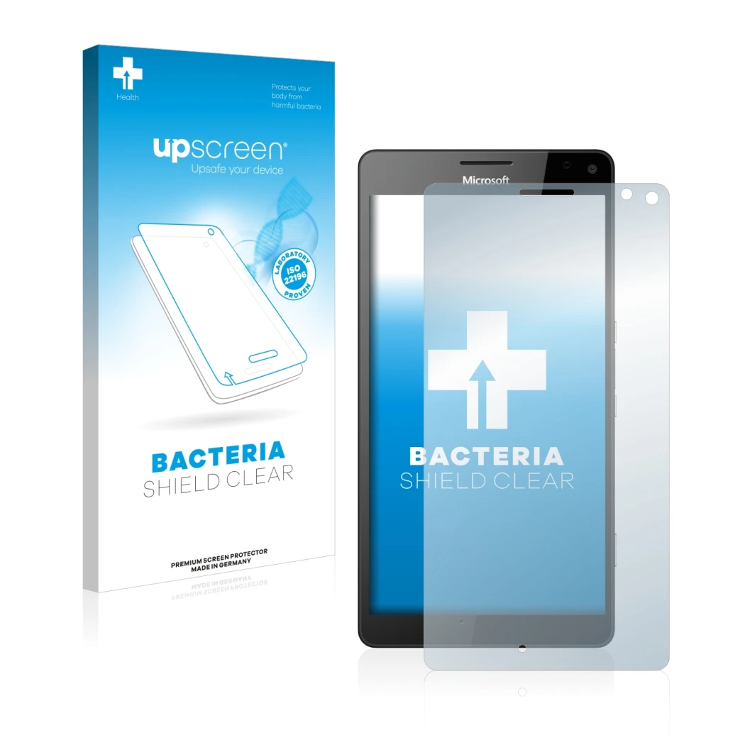 Face avant d’un emballage produit avec le logo de la marque upscreen. À côté, l’appareil Microsoft Lumia 950 XL est représenté