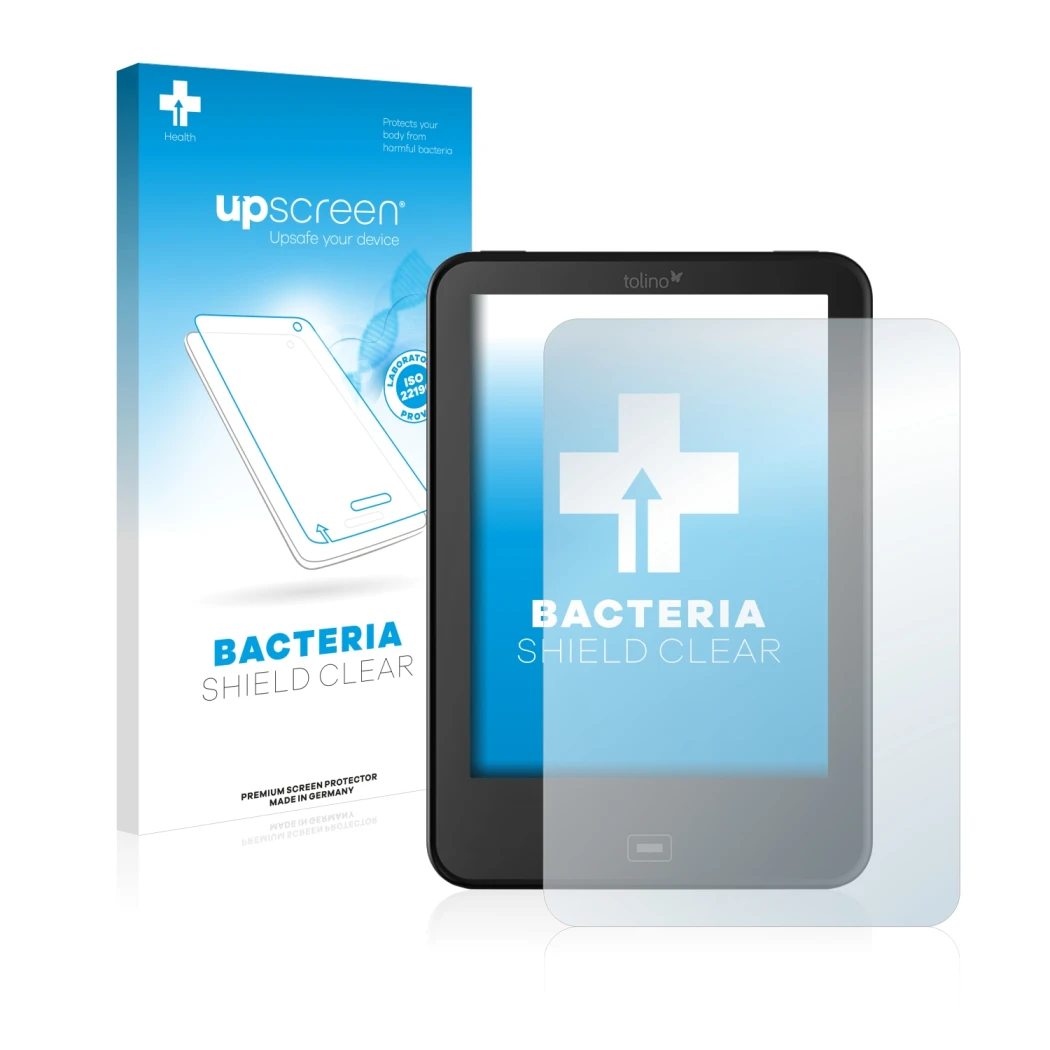 Face avant d’un emballage produit avec le logo de la marque upscreen. À côté, l’appareil Tolino Vision 3 HD est représenté ave