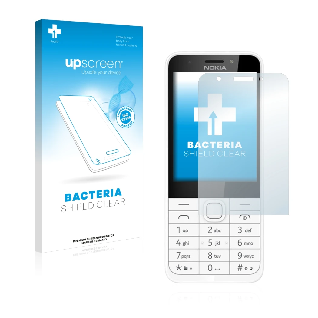 Face avant d’un emballage produit avec le logo de la marque upscreen. À côté, l’appareil Nokia 230 est représenté avec la prot
