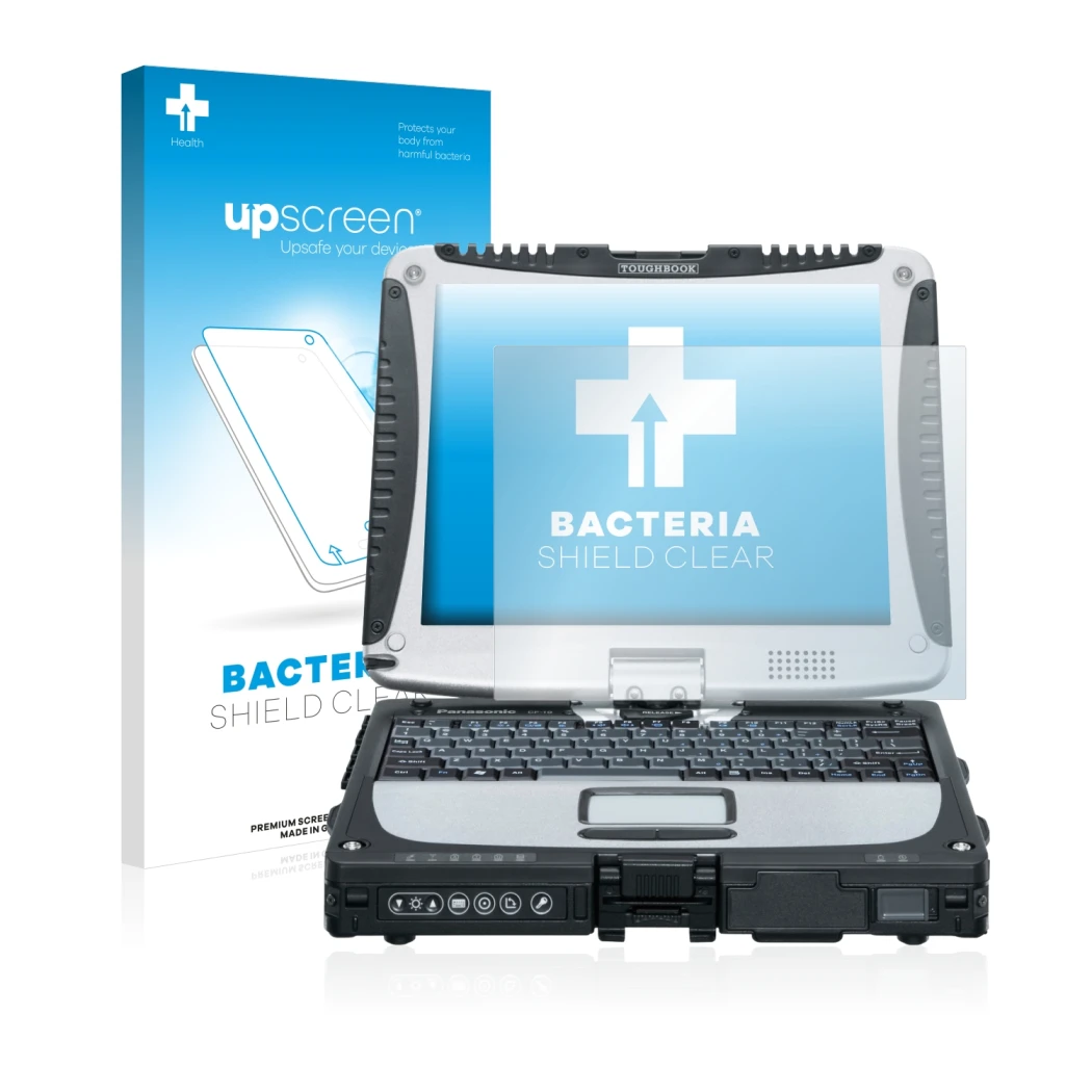 Face avant d’un emballage produit avec le logo de la marque upscreen. À côté, l’appareil Panasonic Toughbook CF-19 est représe
