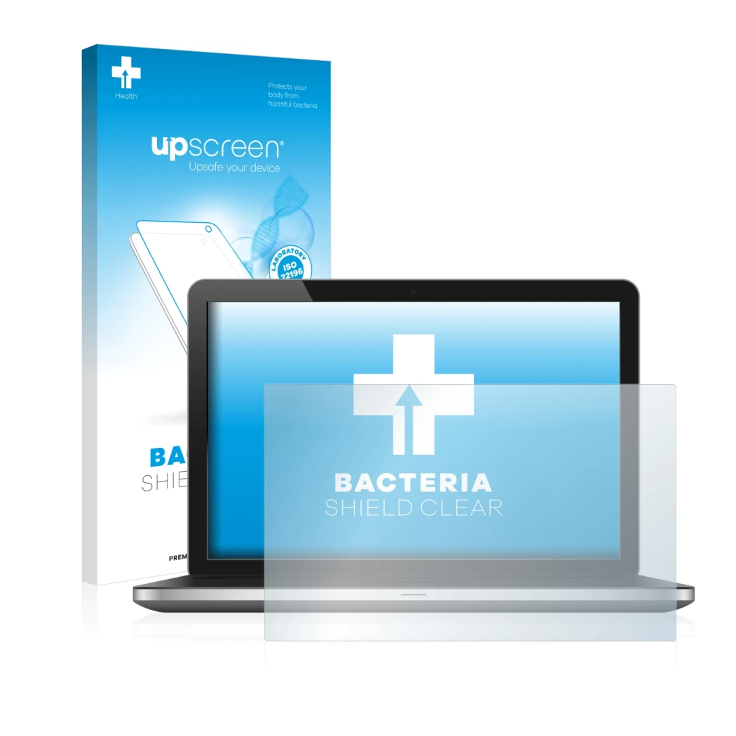 Face avant d’un emballage produit avec le logo de la marque upscreen. À côté, l’appareil est représenté avec la protection d’é