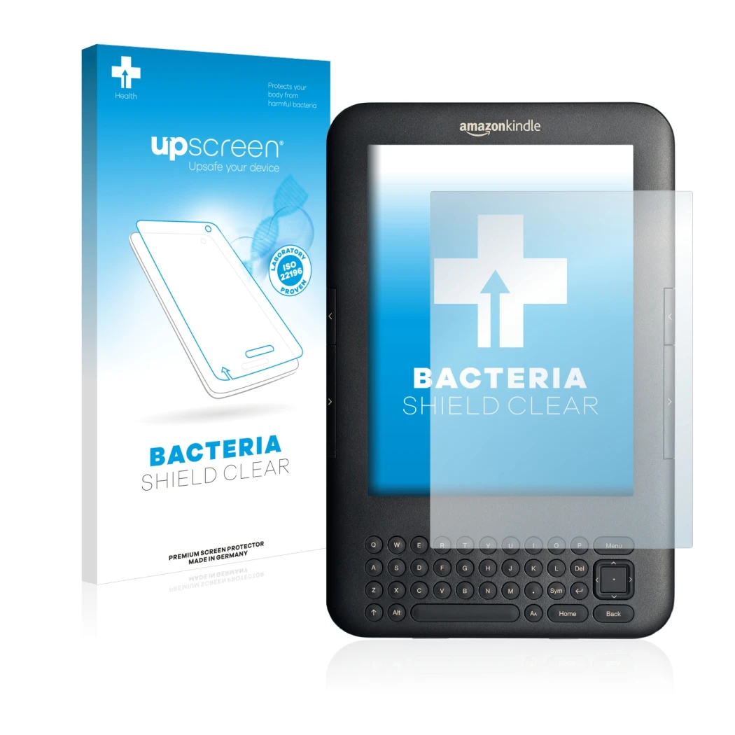 Face avant d’un emballage produit avec le logo de la marque upscreen. À côté, l’appareil Amazon Kindle 3 est représenté avec l