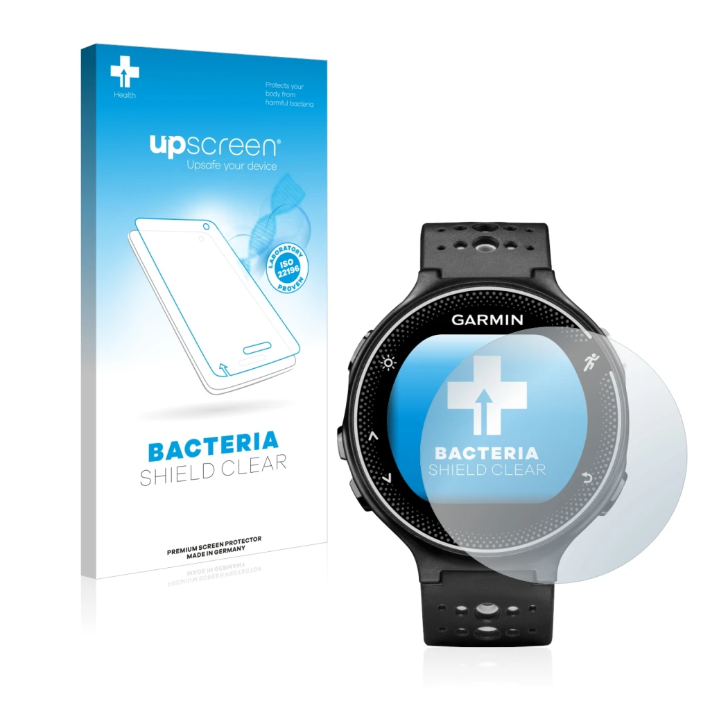 Face avant d’un emballage produit avec le logo de la marque upscreen. À côté, l’appareil Garmin Forerunner 230 est représenté