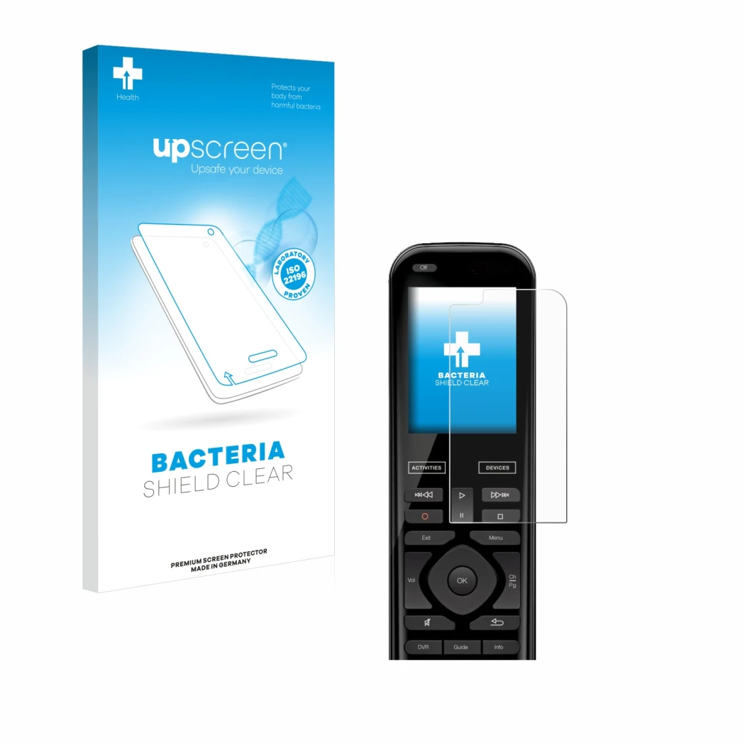Face avant d’un emballage produit avec le logo de la marque upscreen. À côté, l’appareil Logitech Harmony 950 est représenté a