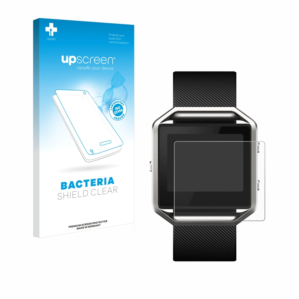 Face avant d’un emballage produit avec le logo de la marque upscreen. À côté, l’appareil Fitbit Blaze est représenté avec la p