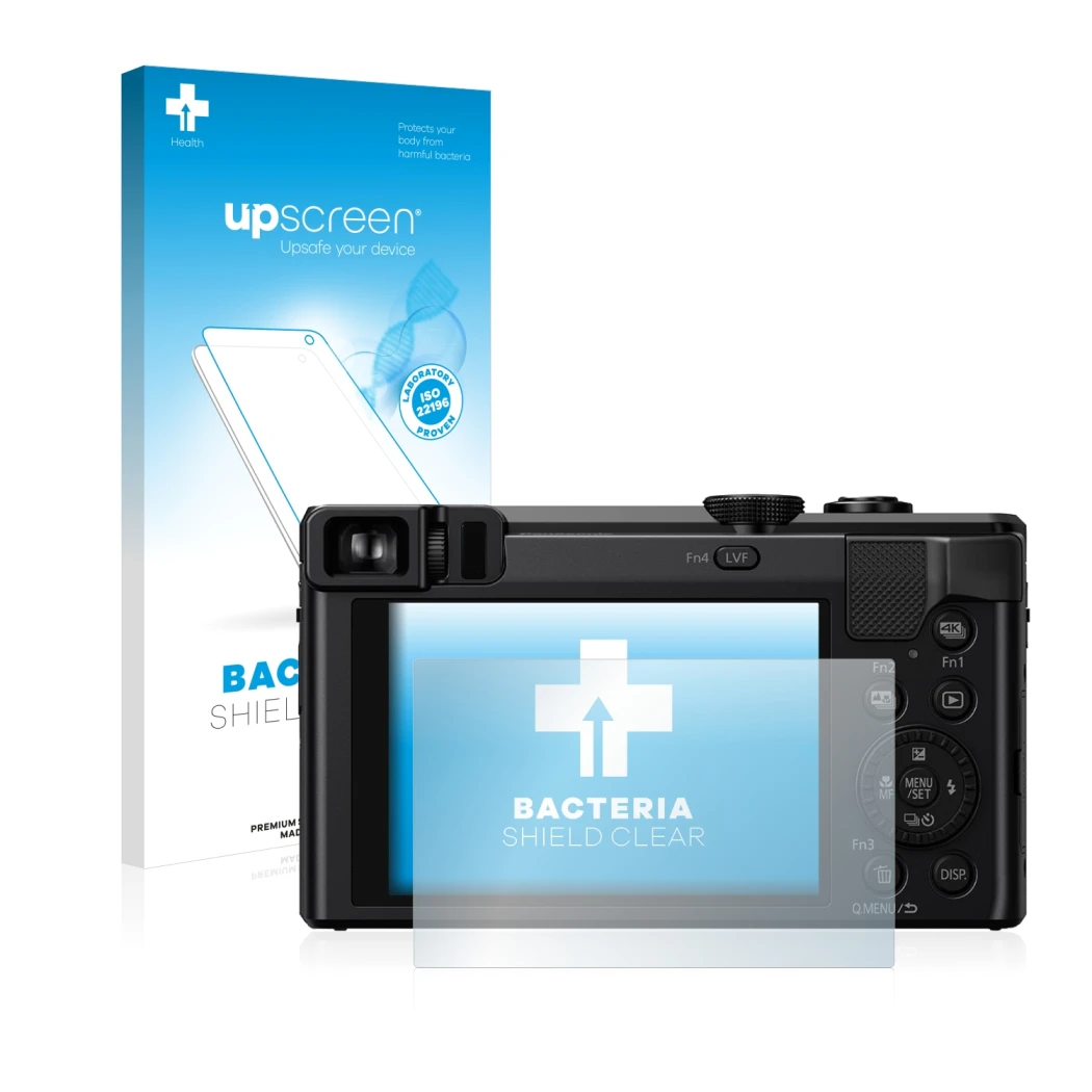 Face avant d’un emballage produit avec le logo de la marque upscreen. À côté, l’appareil Panasonic Lumix DMC-TZ81 est représen