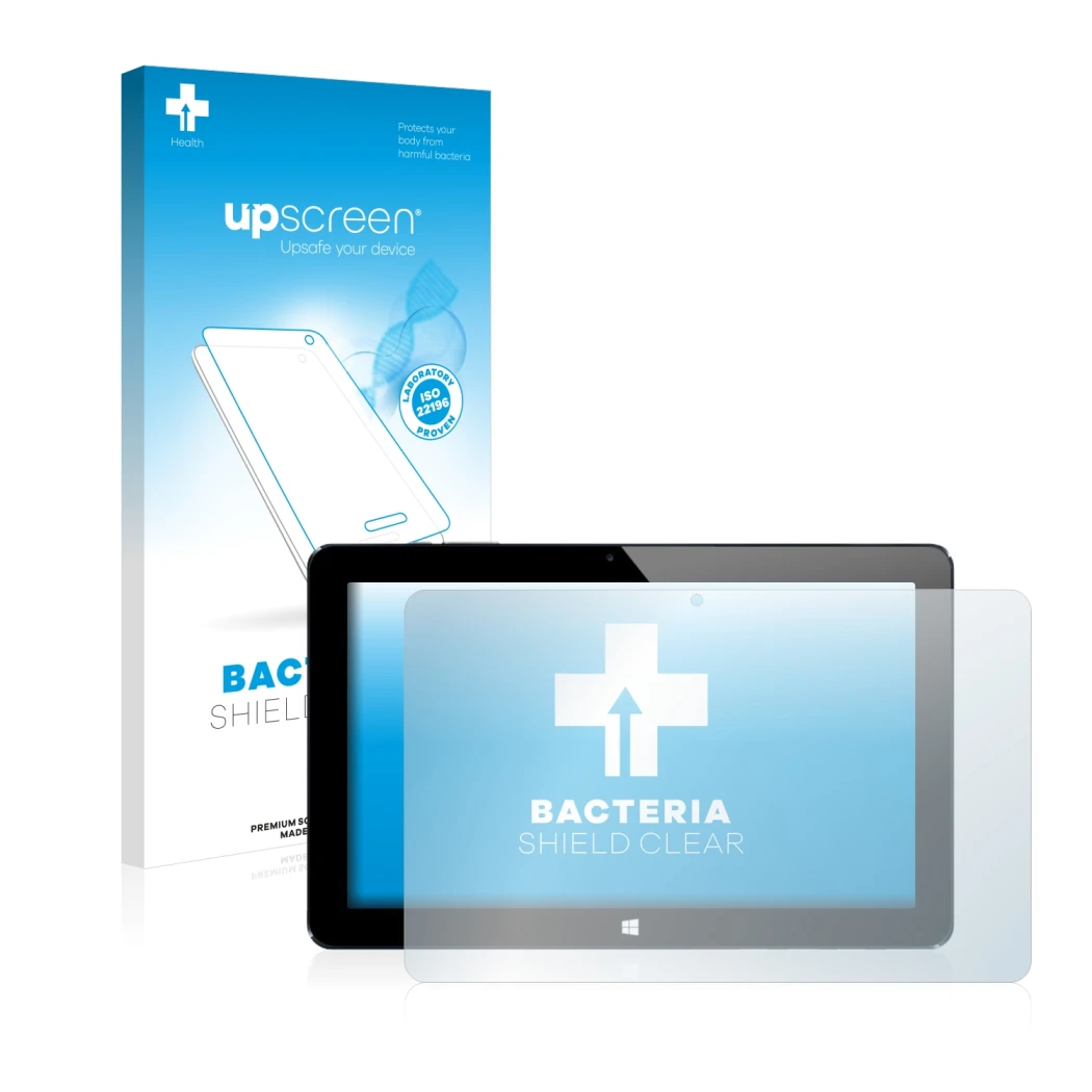 Face avant d’un emballage produit avec le logo de la marque upscreen. À côté, l’appareil Cube i7 Stylus est représenté avec la