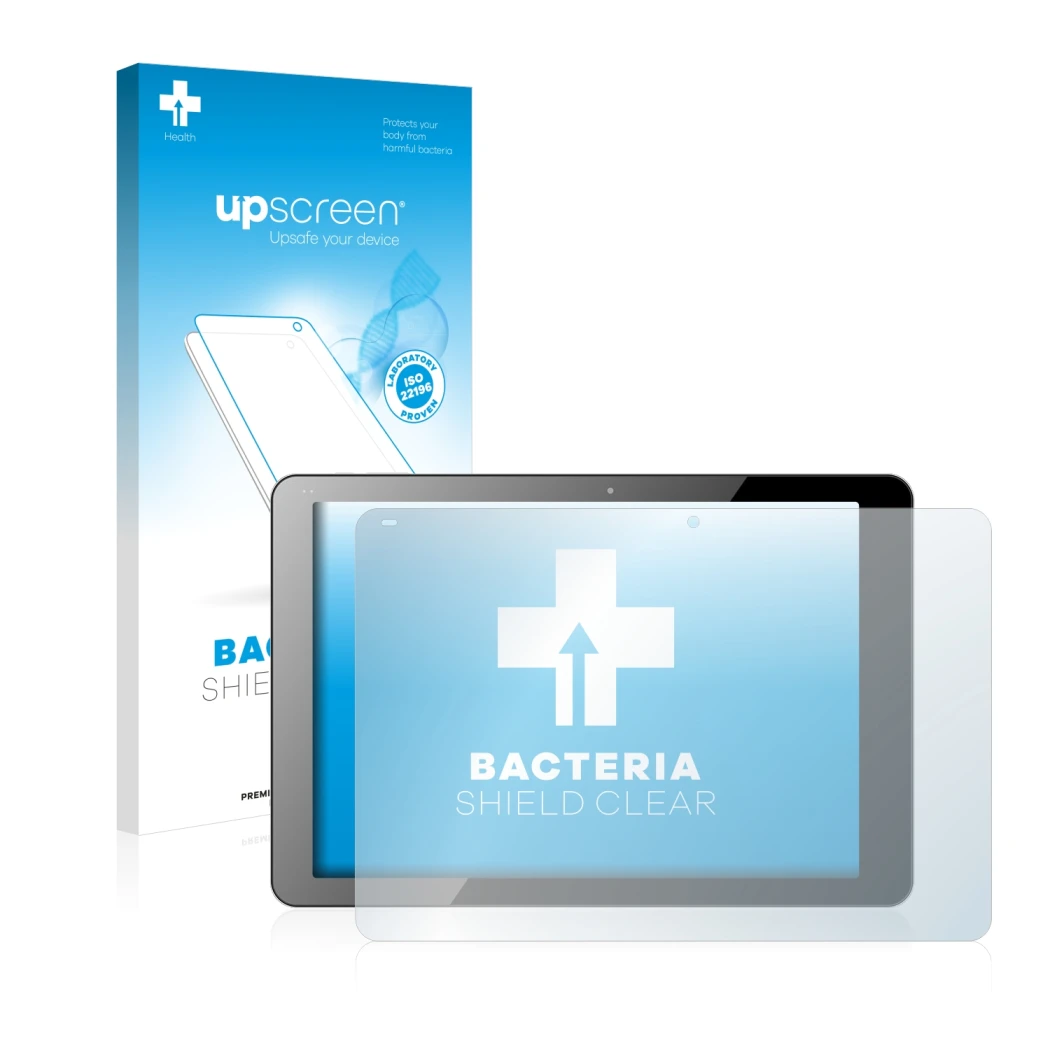 Face avant d’un emballage produit avec le logo de la marque upscreen. À côté, l’appareil Chuwi Hi12 est représenté avec la pro