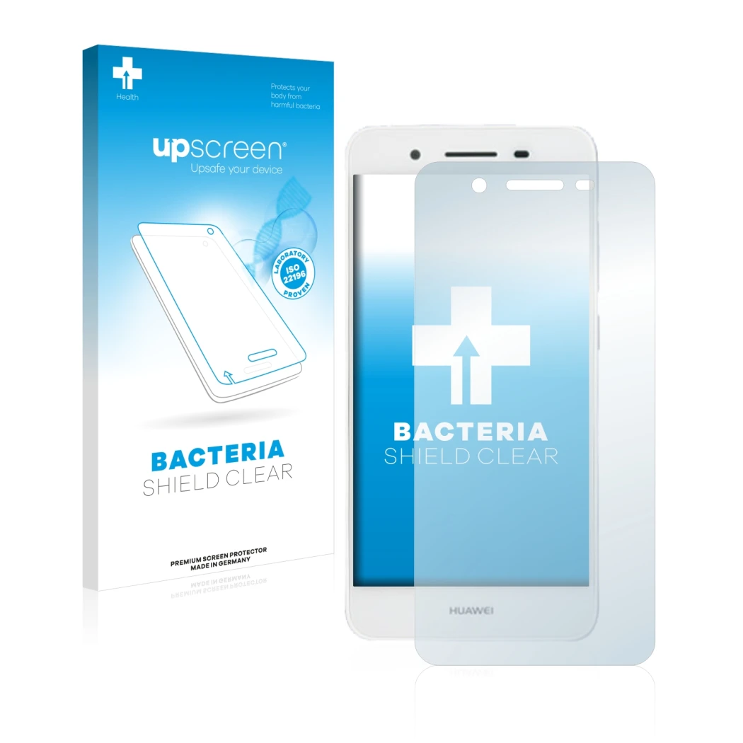 Face avant d’un emballage produit avec le logo de la marque upscreen. À côté, l’appareil Huawei G8 Mini est représenté avec la