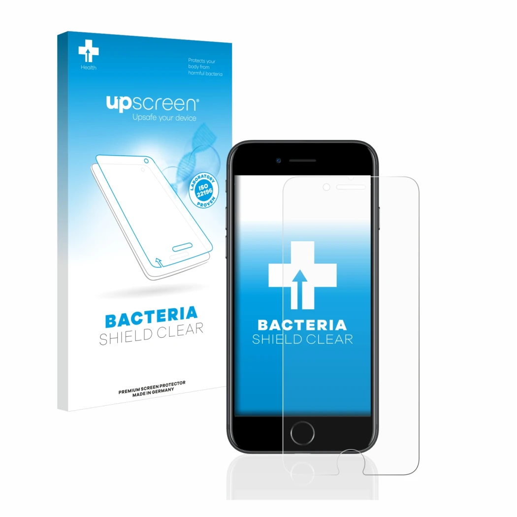 Face avant d’un emballage produit avec le logo de la marque upscreen. À côté, l’appareil Apple iPhone 7 est représenté avec la