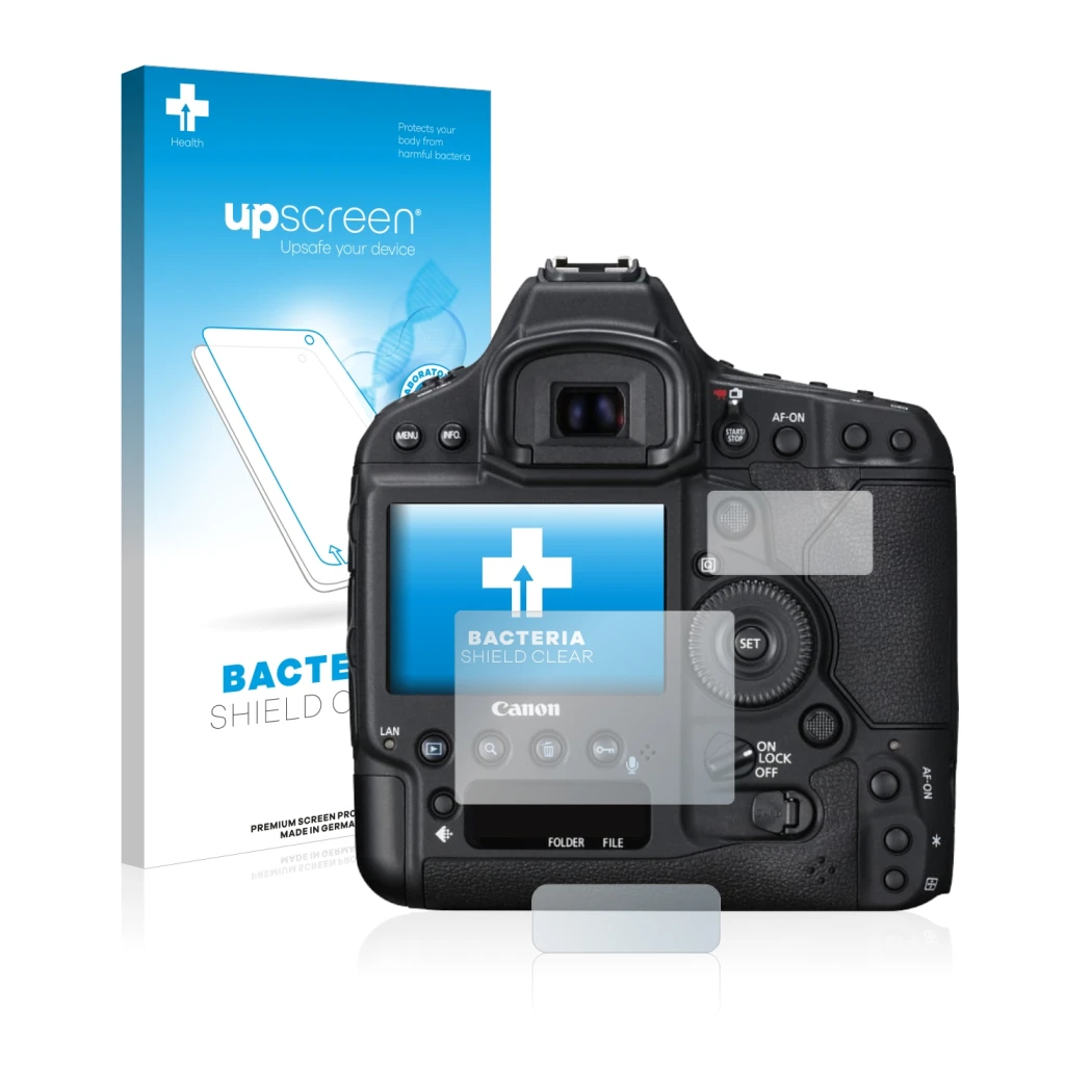 Face avant d’un emballage produit avec le logo de la marque upscreen. À côté, l’appareil Canon EOS 1D X Mark II est représenté