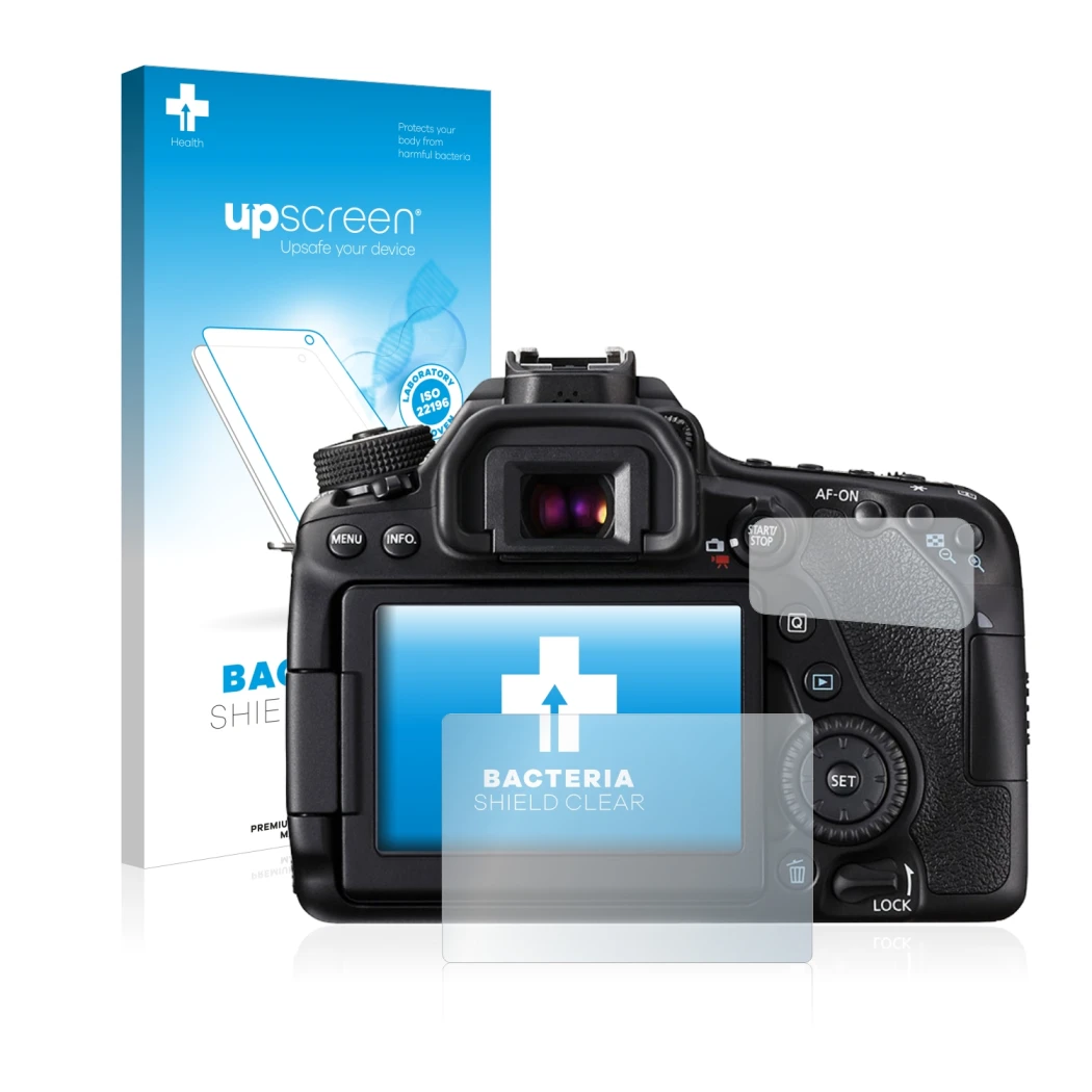 Face avant d’un emballage produit avec le logo de la marque upscreen. À côté, l’appareil Canon EOS 80D est représenté avec la 