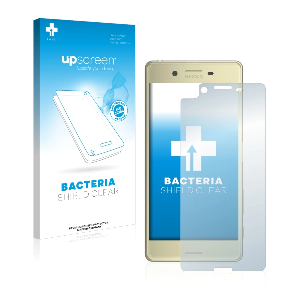 Face avant d’un emballage produit avec le logo de la marque upscreen. À côté, l’appareil Sony Xperia X est représenté avec la 
