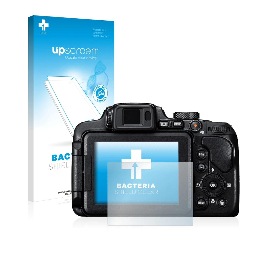 Face avant d’un emballage produit avec le logo de la marque upscreen. À côté, l’appareil Nikon Coolpix B700 est représenté ave