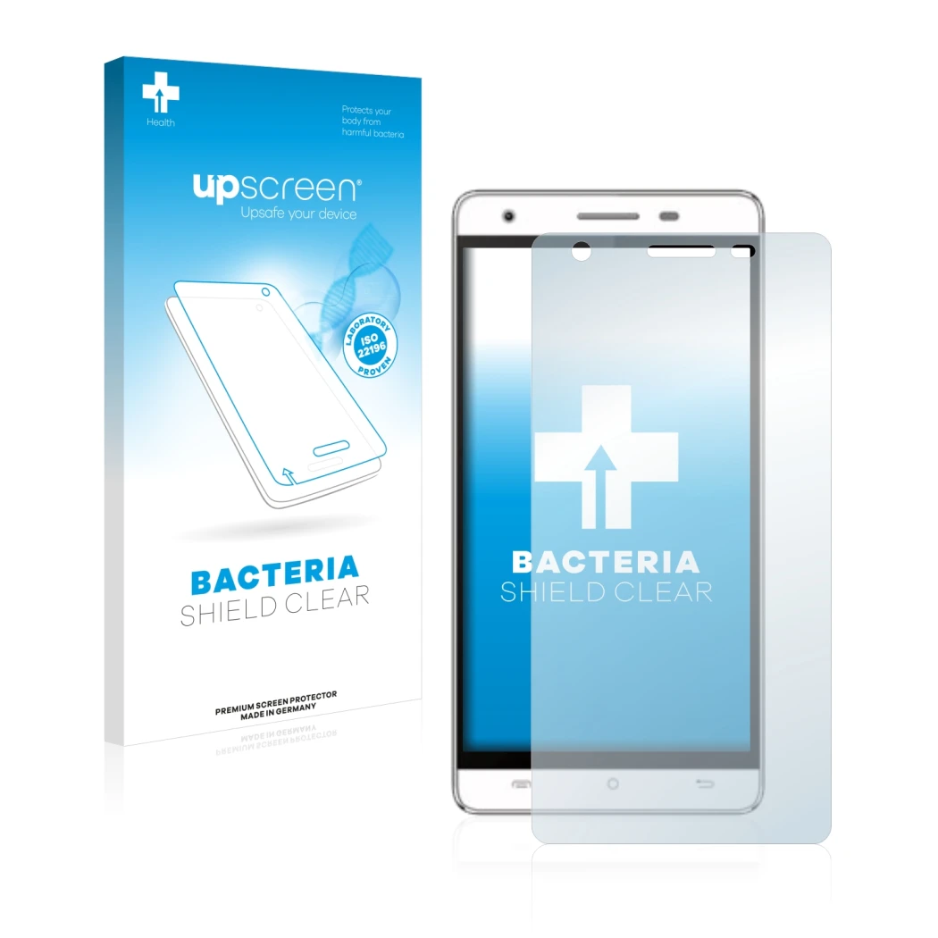 Face avant d’un emballage produit avec le logo de la marque upscreen. À côté, l’appareil Cubot H2 est représenté avec la prote