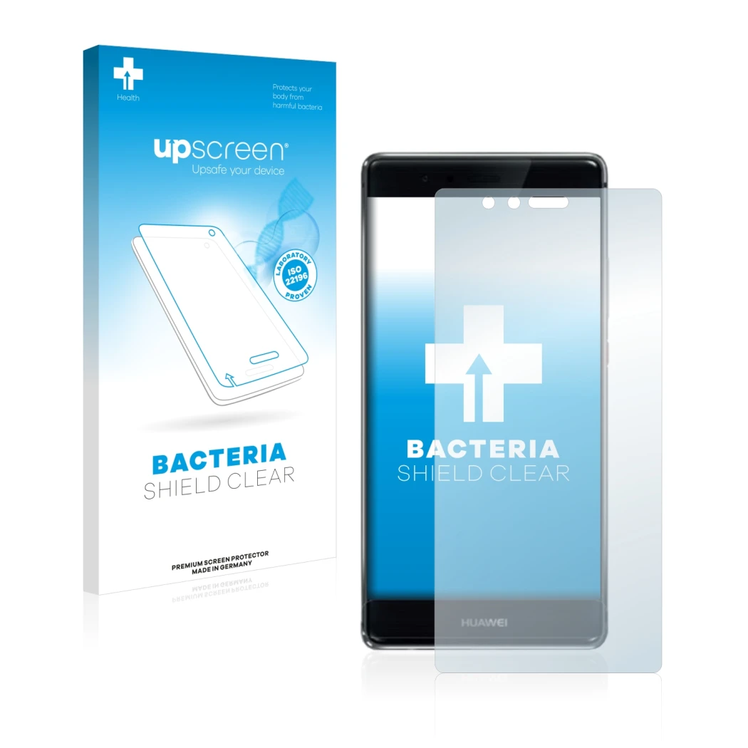 Face avant d’un emballage produit avec le logo de la marque upscreen. À côté, l’appareil Huawei P9 Plus est représenté avec la