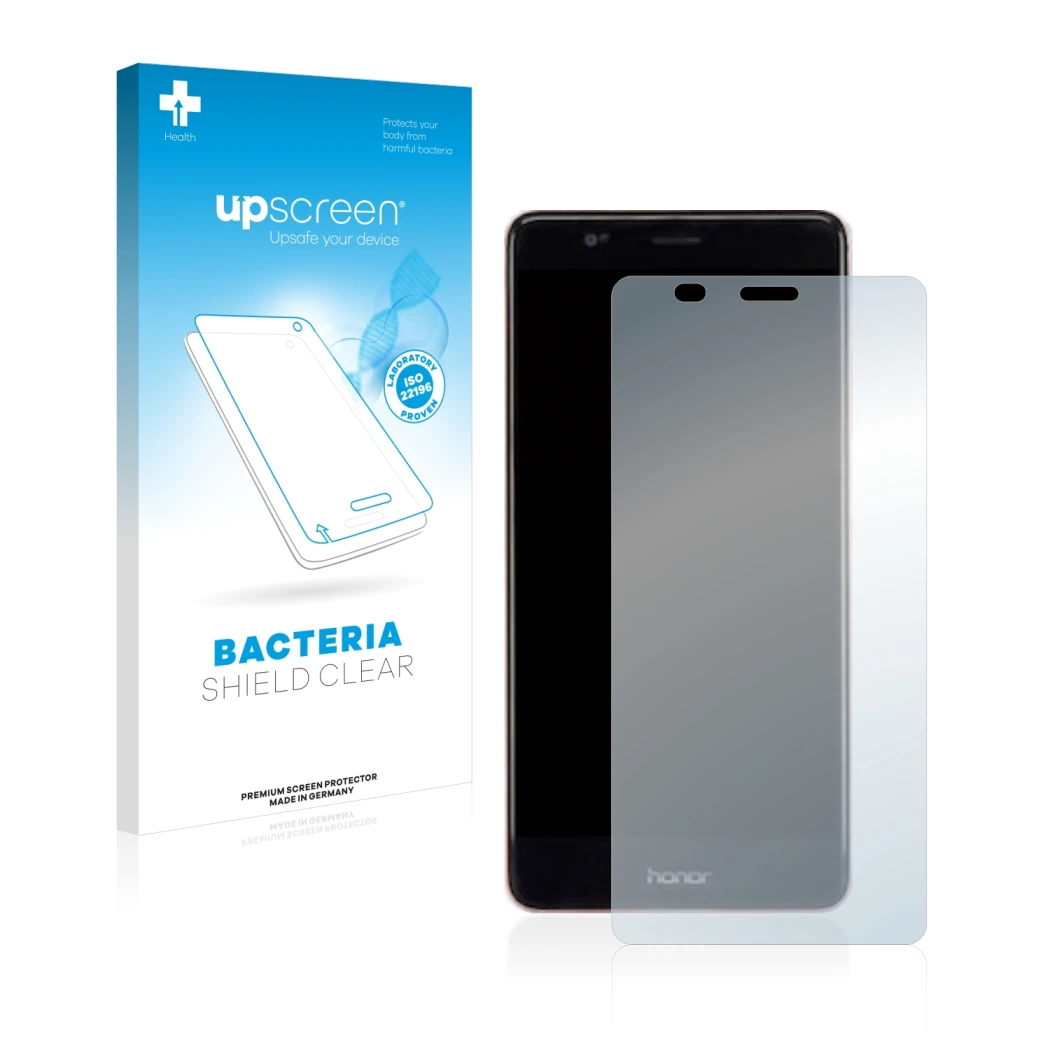 Face avant d’un emballage produit avec le logo de la marque upscreen. À côté, l’appareil Honor V8 est représenté avec la prote