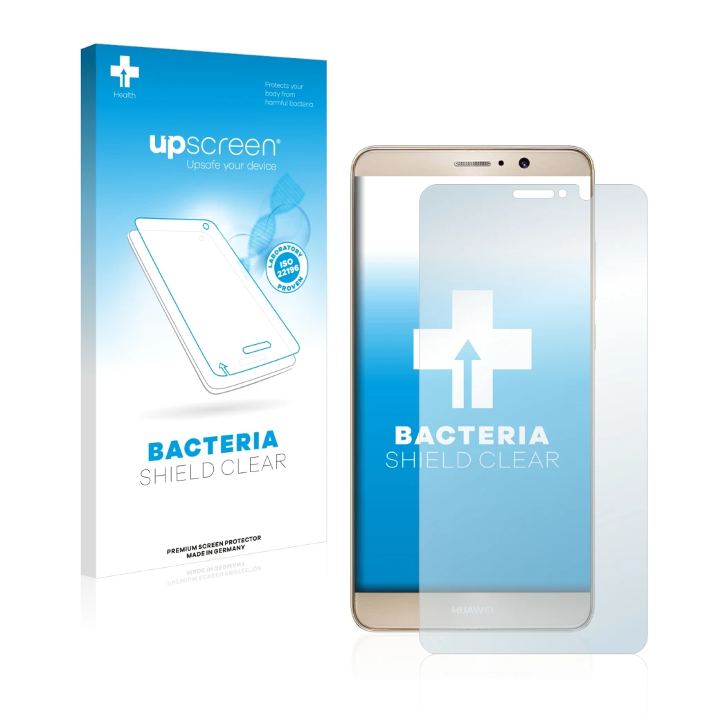 Face avant d’un emballage produit avec le logo de la marque upscreen. À côté, l’appareil Huawei Mate 9 est représenté avec la 