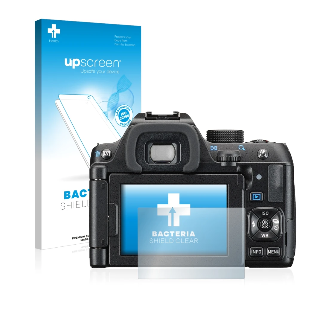 Face avant d’un emballage produit avec le logo de la marque upscreen. À côté, l’appareil Pentax K-70 est représenté avec la pr