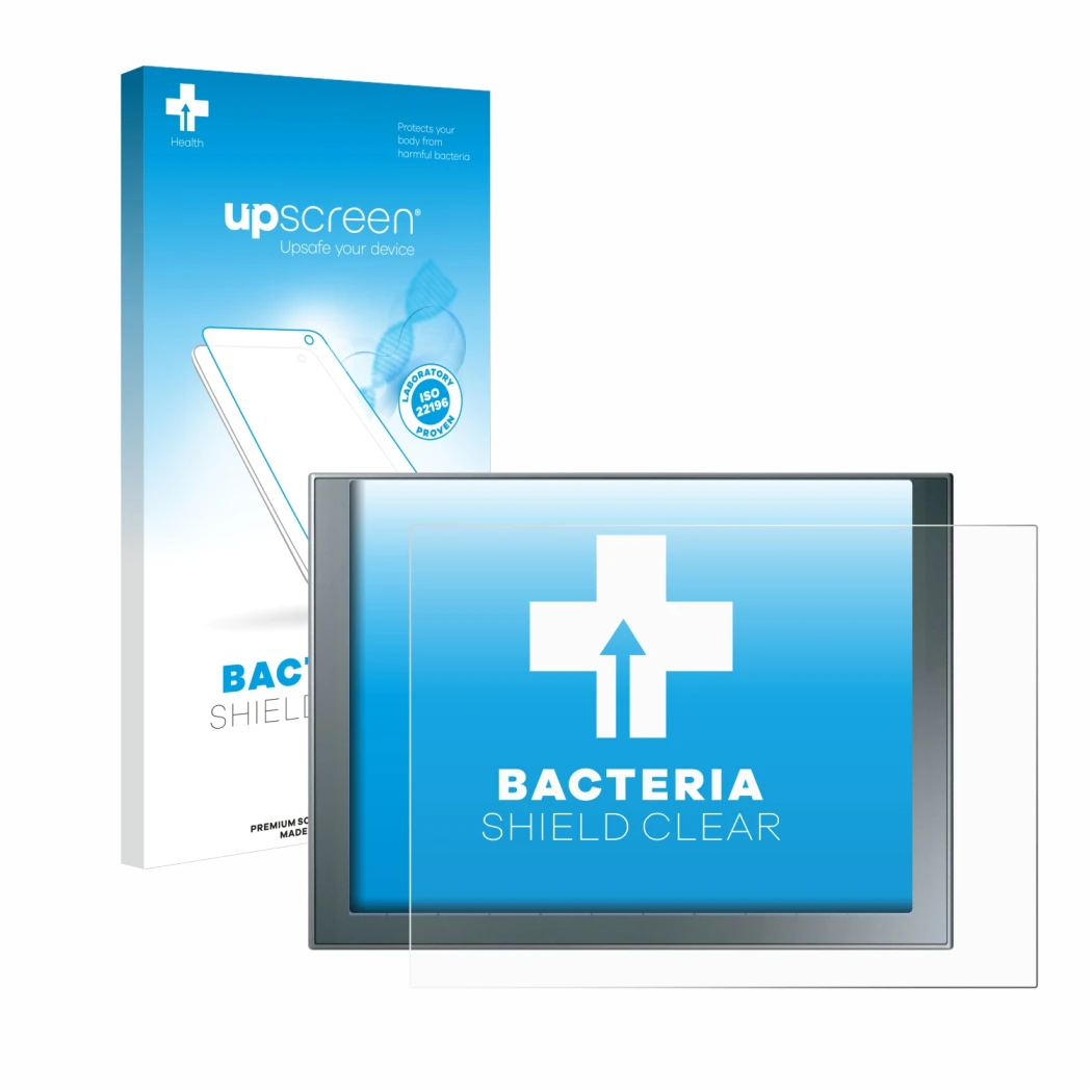 Face avant d’un emballage produit avec le logo de la marque upscreen. À côté, l’appareil Siemens Simatic HMI KTP 1200 Basic es