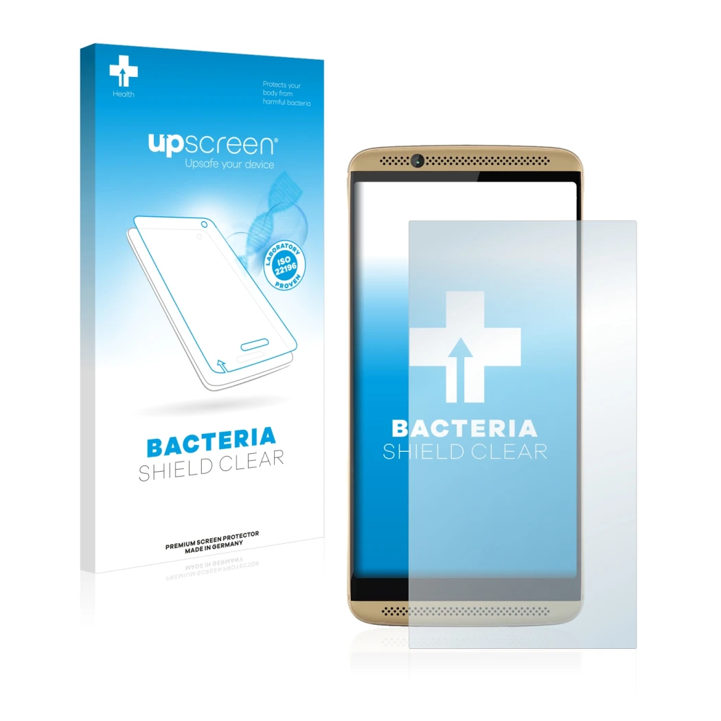 Face avant d’un emballage produit avec le logo de la marque upscreen. À côté, l’appareil ZTE Axon 7 est représenté avec la pro