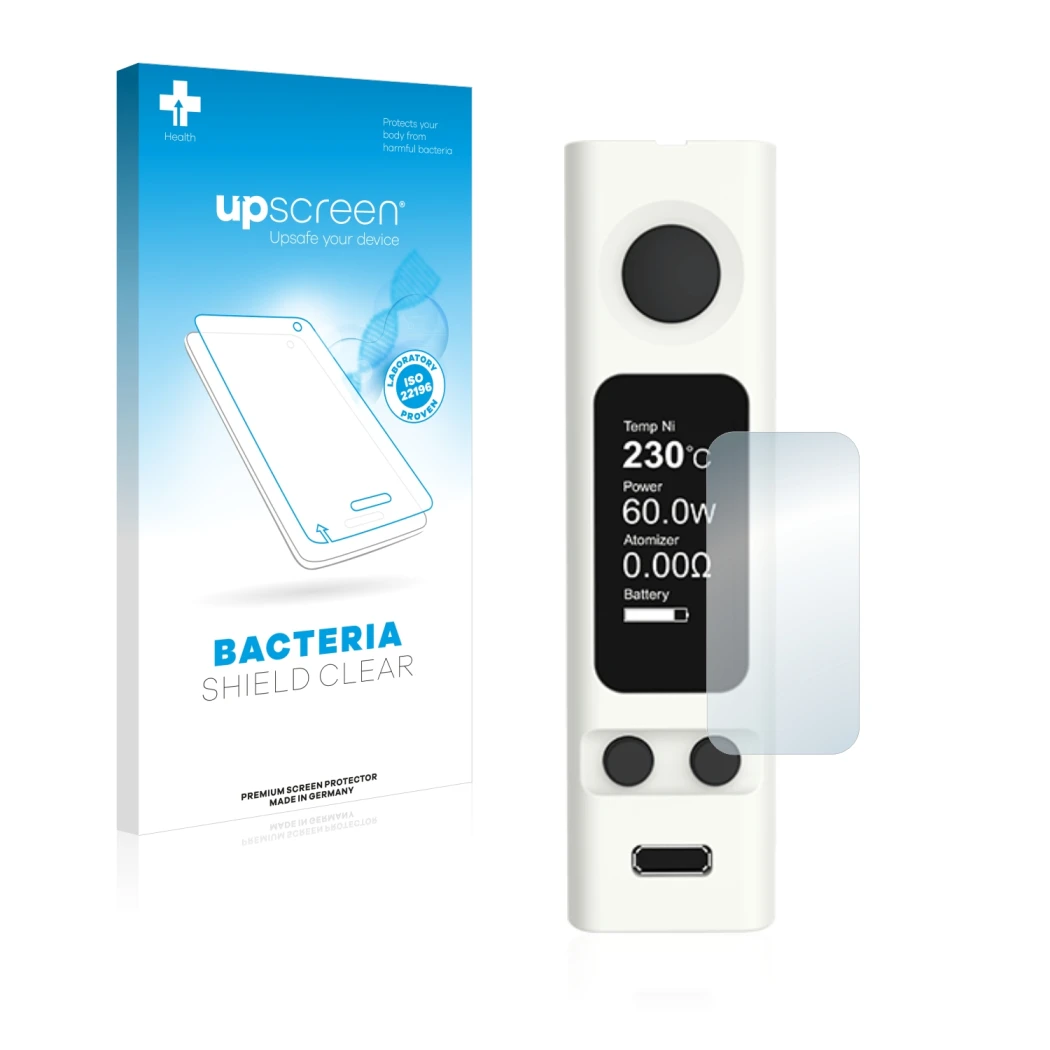 Face avant d’un emballage produit avec le logo de la marque upscreen. À côté, l’appareil Joyetech eVic VTwo Mini est représent