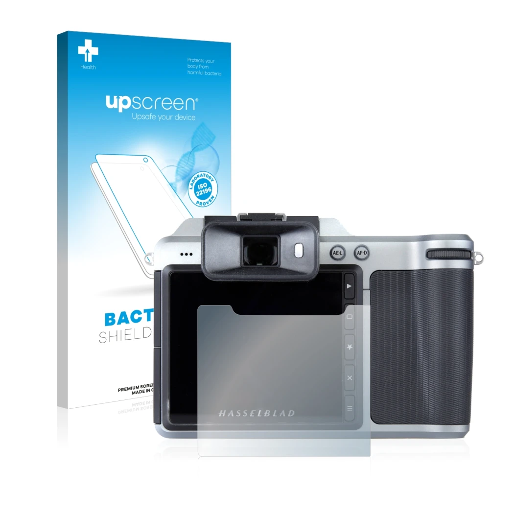Face avant d’un emballage produit avec le logo de la marque upscreen. À côté, l’appareil Hasselblad X1D-50c est représenté ave