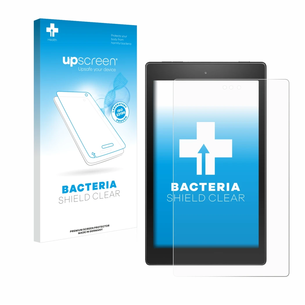 Face avant d’un emballage produit avec le logo de la marque upscreen. À côté, l’appareil Amazon Fire HD 8 2017 est représenté 