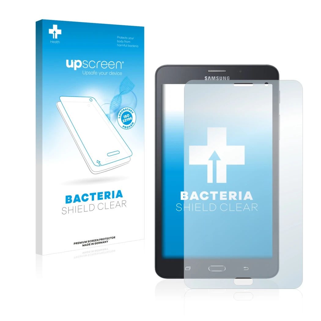 Face avant d’un emballage produit avec le logo de la marque upscreen. À côté, l’appareil Samsung Galaxy Tab A6 7.0 4G est repr
