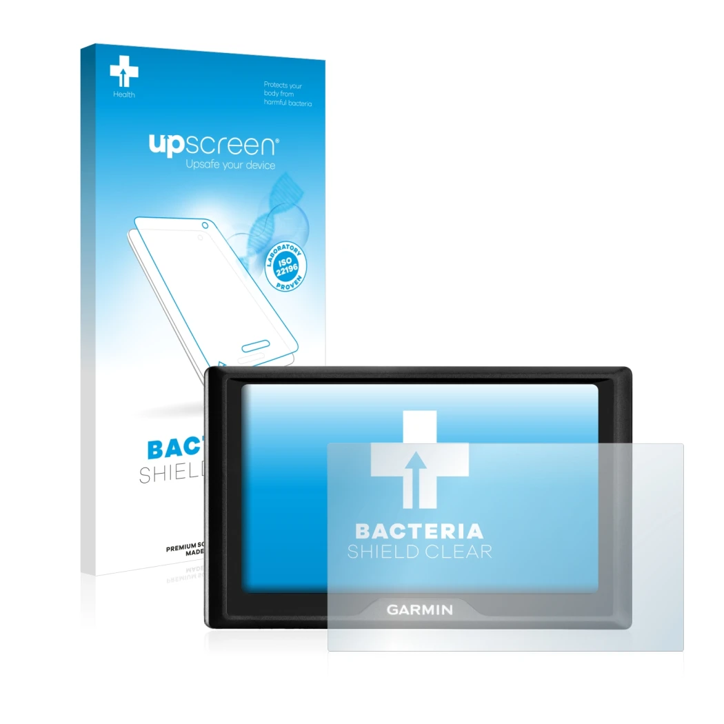 Face avant d’un emballage produit avec le logo de la marque upscreen. À côté, l’appareil Garmin Drive 50 LM est représenté ave