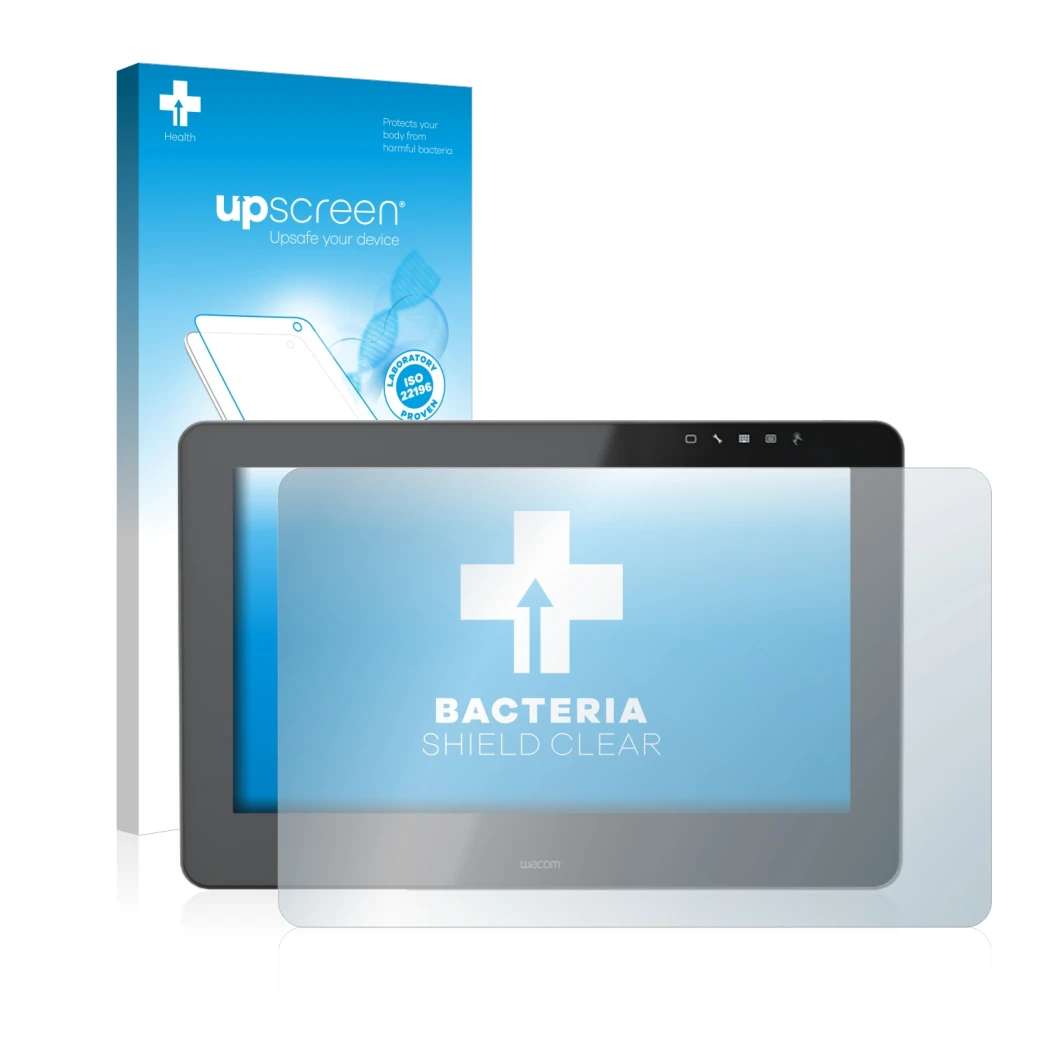 Face avant d’un emballage produit avec le logo de la marque upscreen. À côté, l’appareil Wacom Cintiq Pro 16 est représenté av
