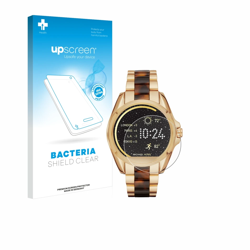 Face avant d’un emballage produit avec le logo de la marque upscreen. À côté, l’appareil Michael Kors Access Bradshaw est repr