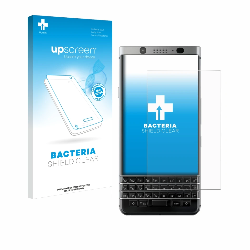 Face avant d’un emballage produit avec le logo de la marque upscreen. À côté, l’appareil BlackBerry Keyone est représenté avec