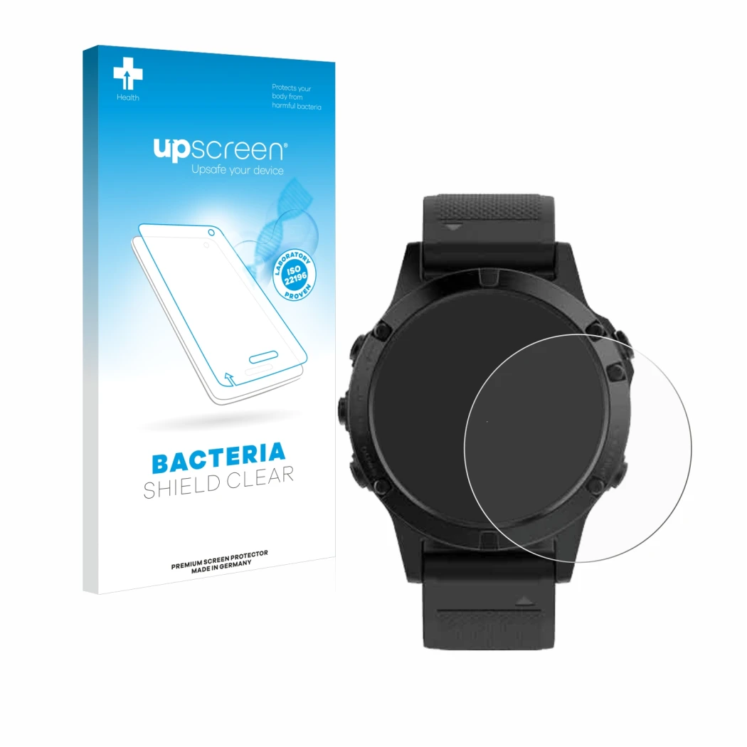 Face avant d’un emballage produit avec le logo de la marque upscreen. À côté, l’appareil Garmin Fenix 5 (47 mm) est représenté