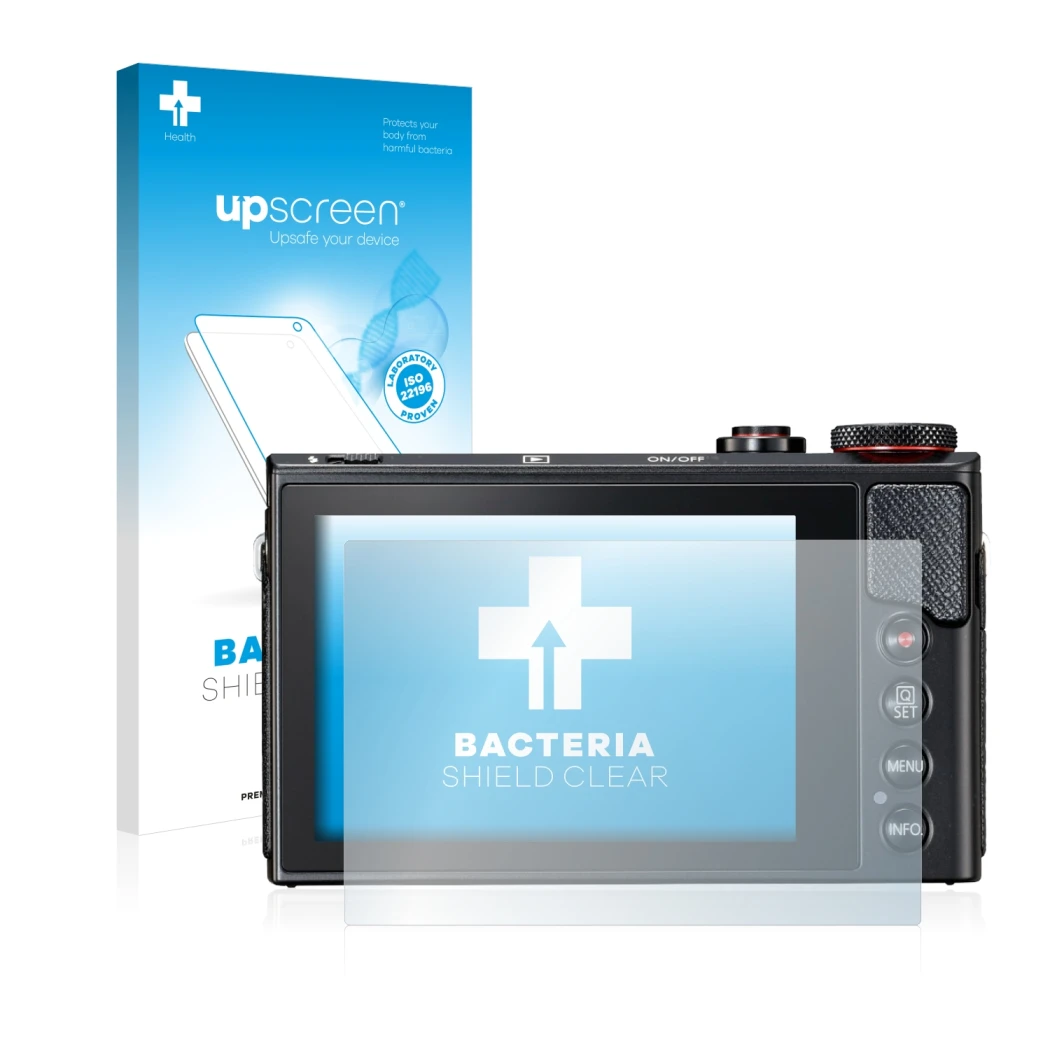 Face avant d’un emballage produit avec le logo de la marque upscreen. À côté, l’appareil Canon PowerShot G9 X Mark II est repr