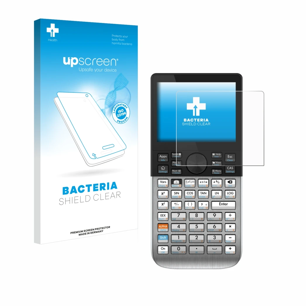 Face avant d’un emballage produit avec le logo de la marque upscreen. À côté, l’appareil HP Prime est représenté avec la prote