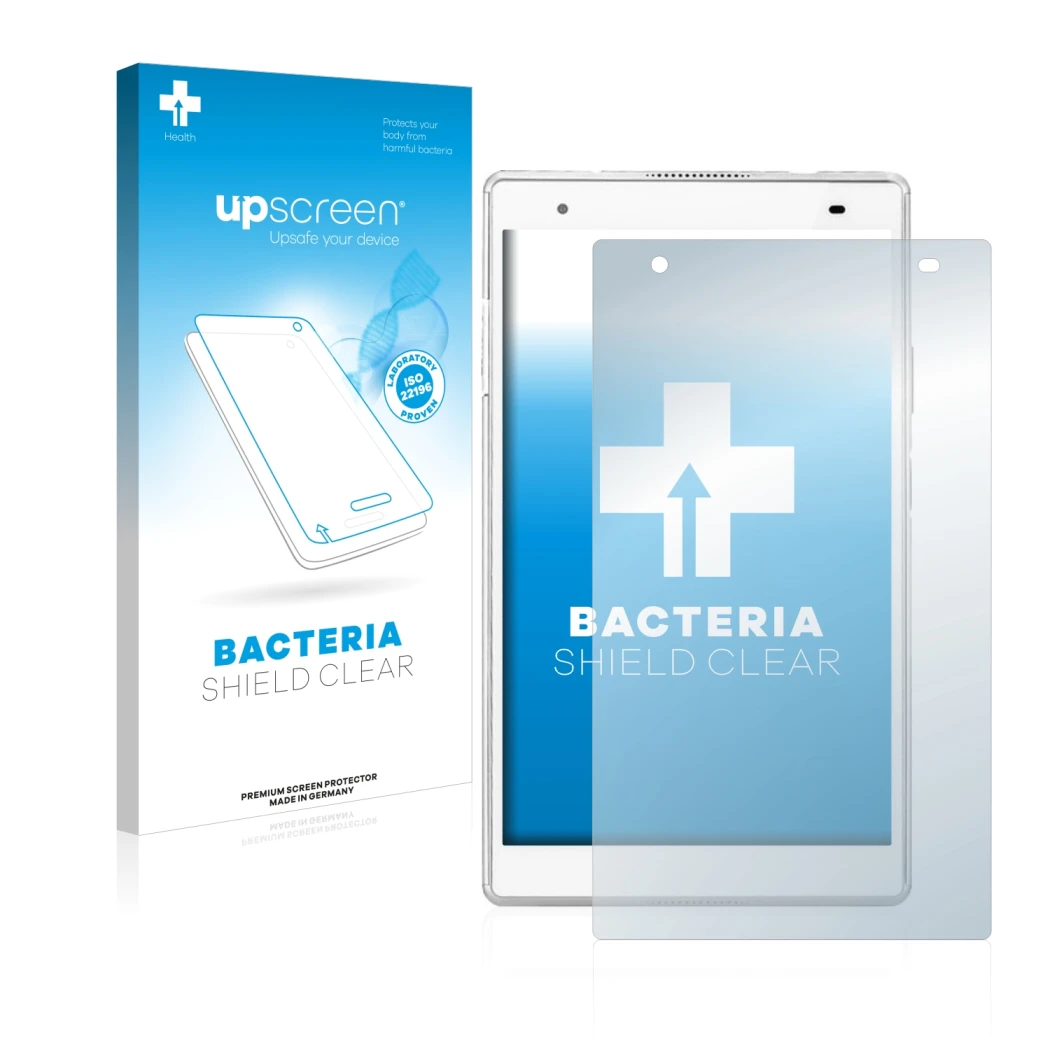 Face avant d’un emballage produit avec le logo de la marque upscreen. À côté, l’appareil Lenovo Tab 4 8 Plus est représenté av
